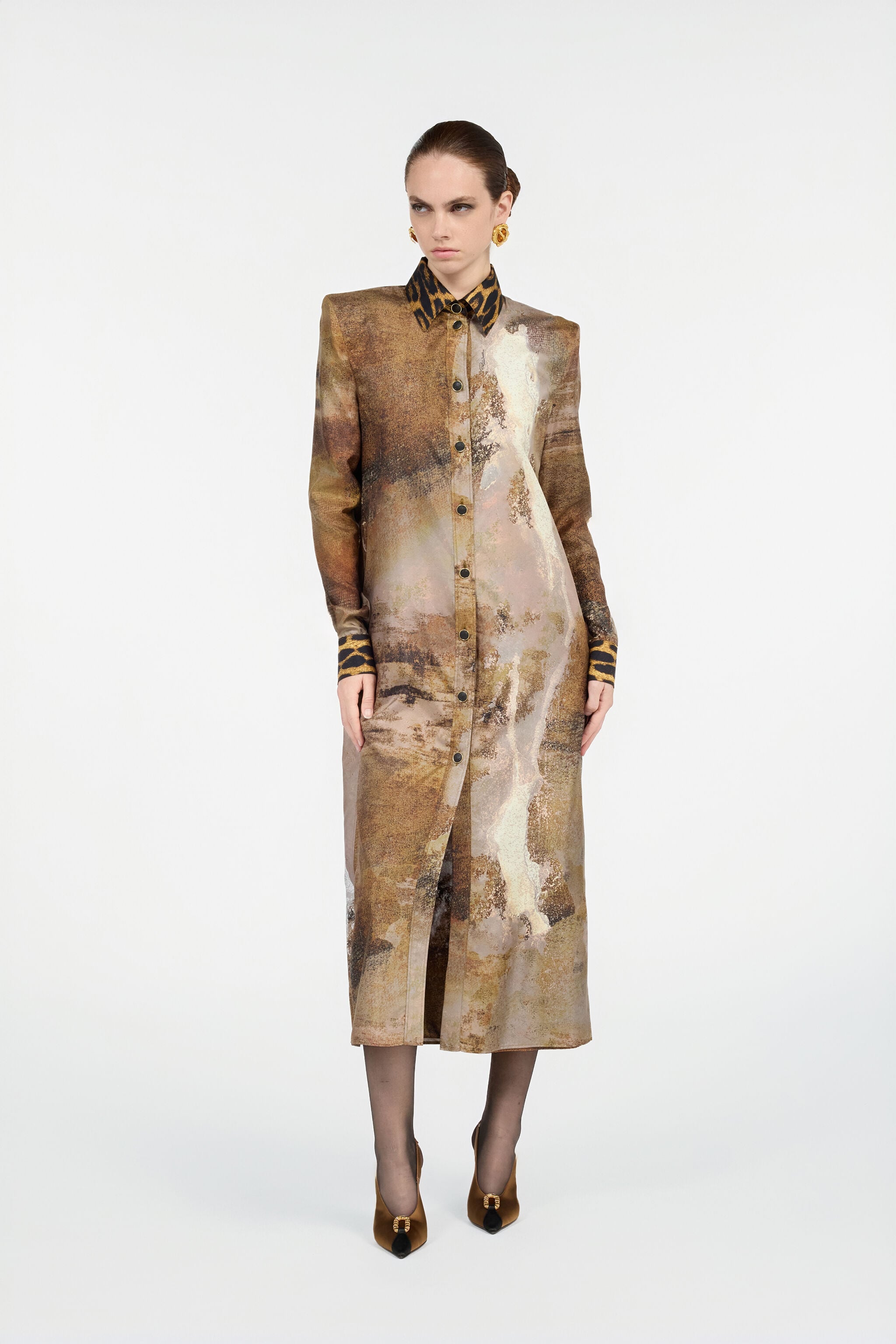 RC Vestido Camisero De Seda Beige Con Estampado Marmo Marrón claro VWT111-OZQ74