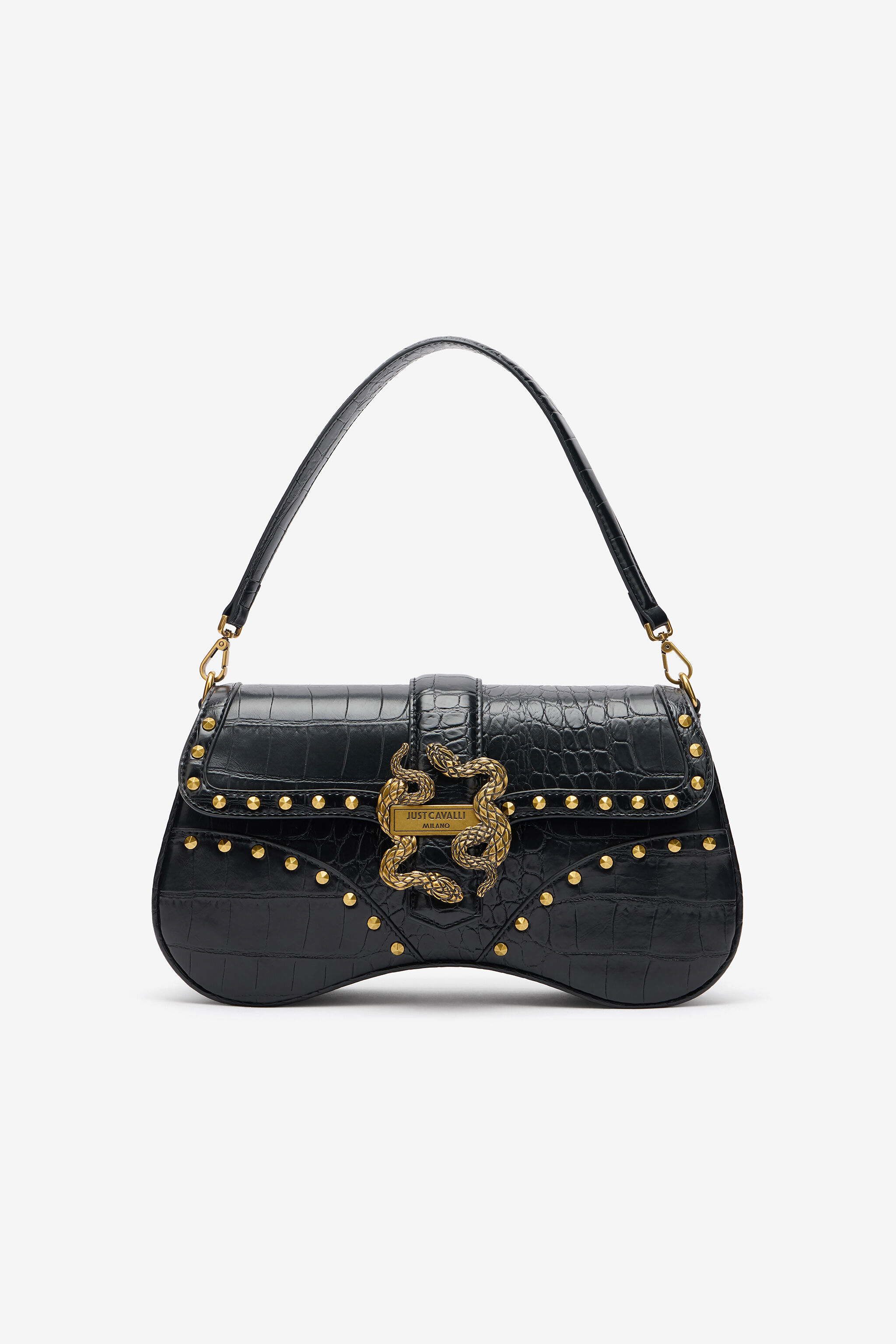 JC Black Studded Saddle Shoulder Bag With Snake Buckle JC Black Studded Saddle Shoulder Bag With Snake Buckle BLACK VFB035-VF667
