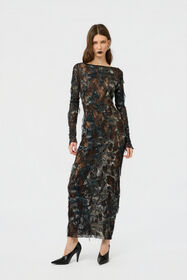 RC Dress with Fur Print on Destroyed-Effect Lace BLACK/BEIGE XWT145-7HT79