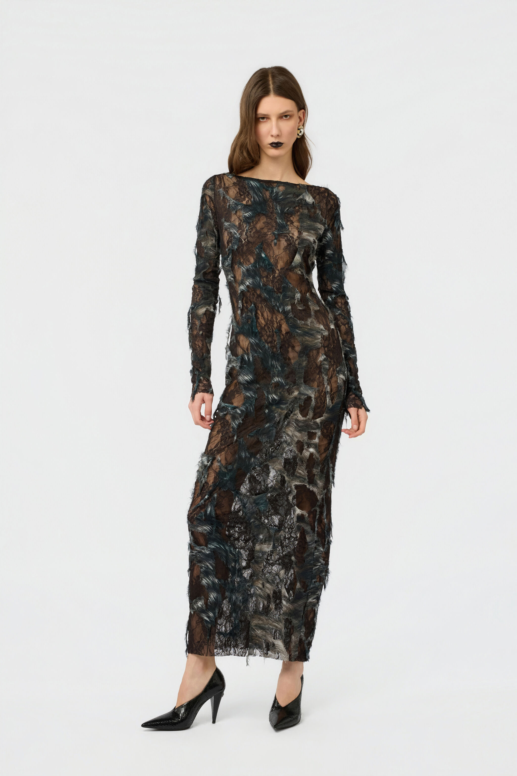 RC Dress with Fur Print on Destroyed-Effect Lace RC Dress with Fur Print on Destroyed-Effect Lace BLACK/BEIGE XWT145-7HT79