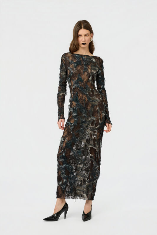 RC Dress with Fur Print on Destroyed-Effect Lace RC Dress with Fur Print on Destroyed-Effect Lace BLACK/BEIGE XWT145-7HT79