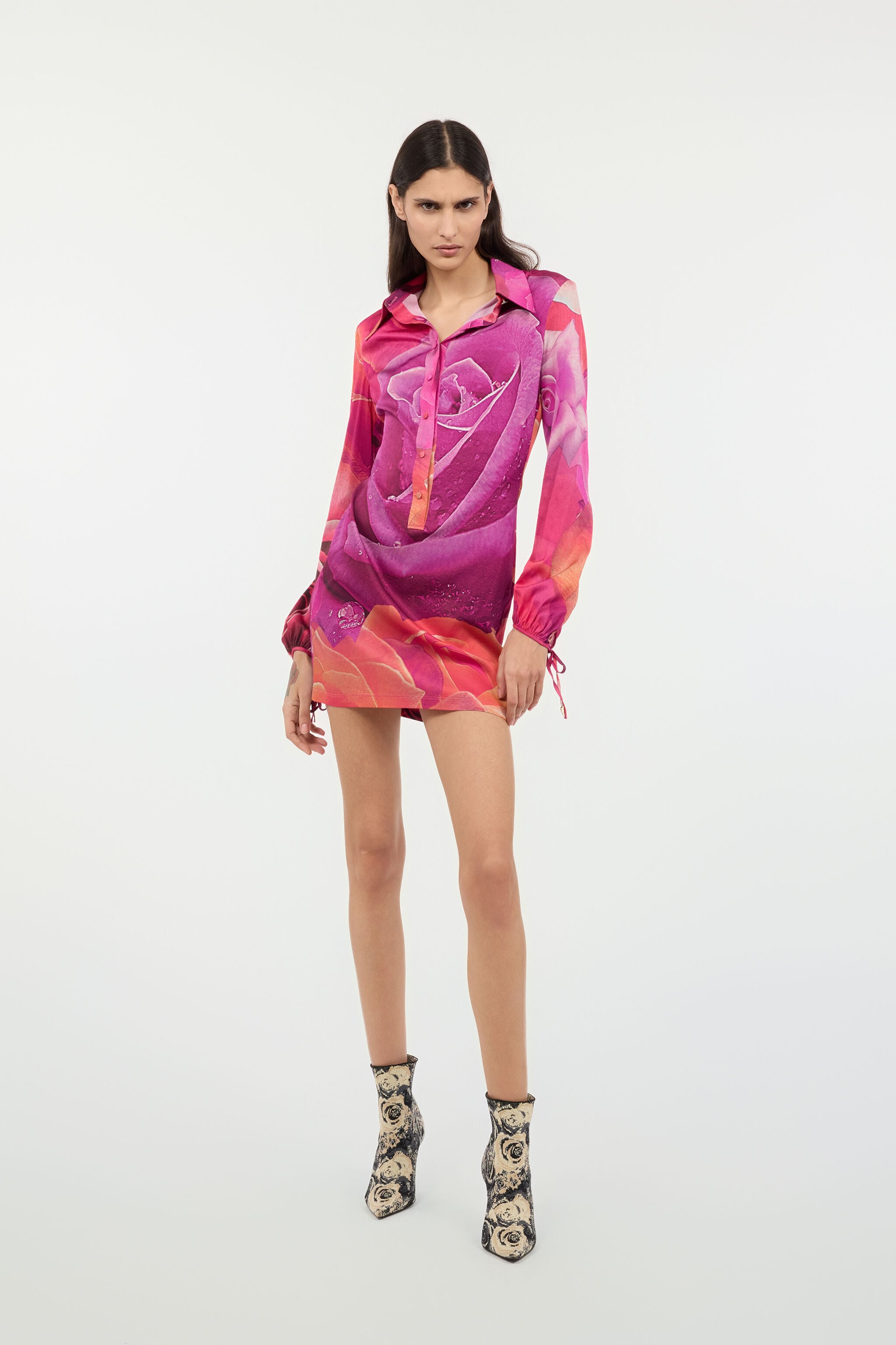 RC Mini Dress With Garden Rose Print Fuchsia UKT106-FQN48
