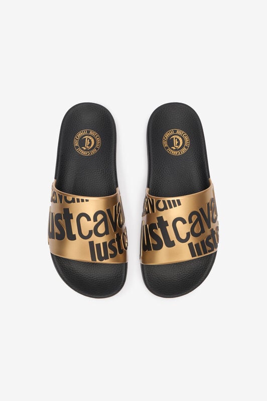JC Slipper Mit Schriftzug Und Goldfarbenem Querriemen JC Slipper Mit Schriftzug Und Goldfarbenem Querriemen Schwarz/Gold UFS043-UF365