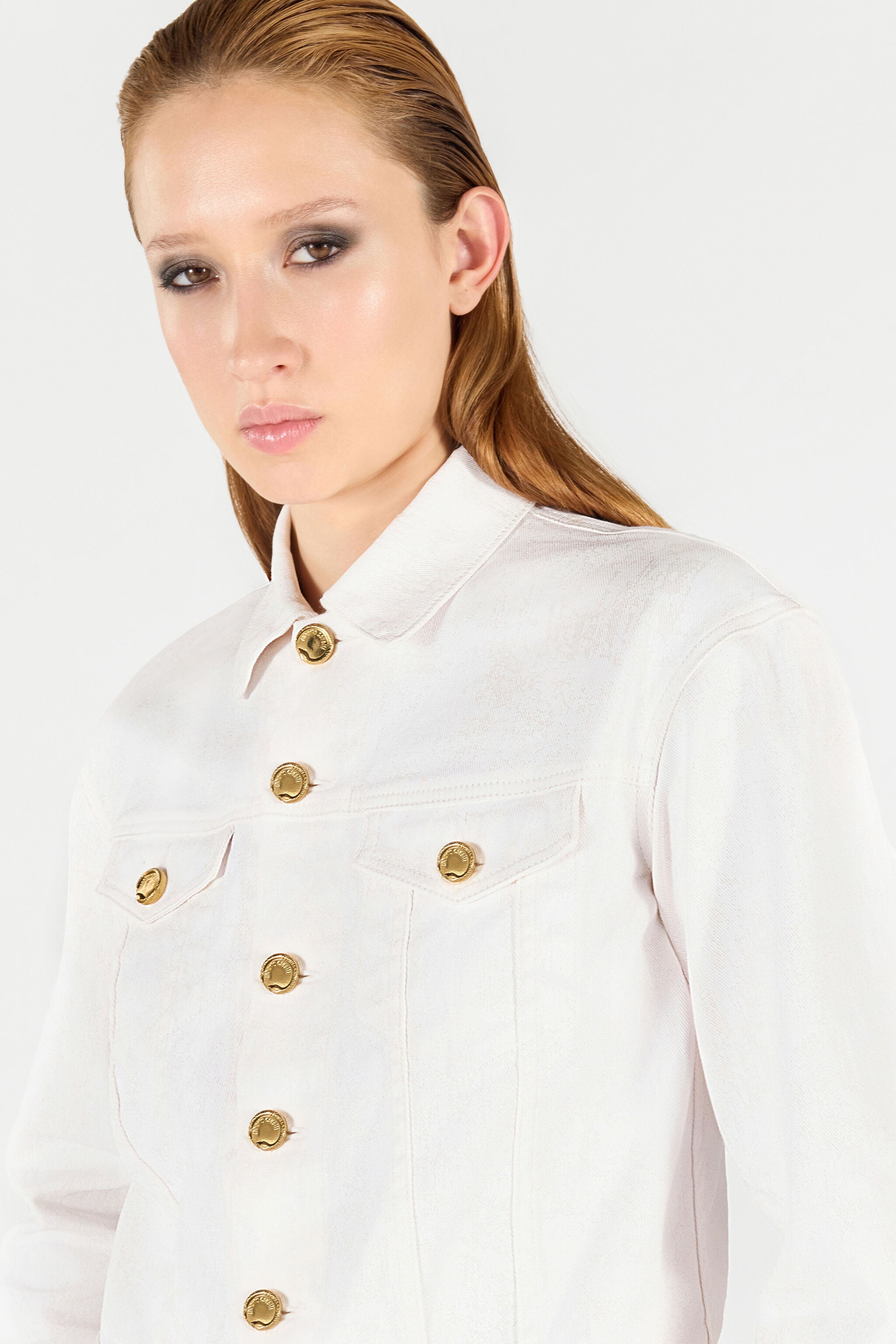 Denim Jacket with Gold Buttons in White for Women | Roberto Cavalli®