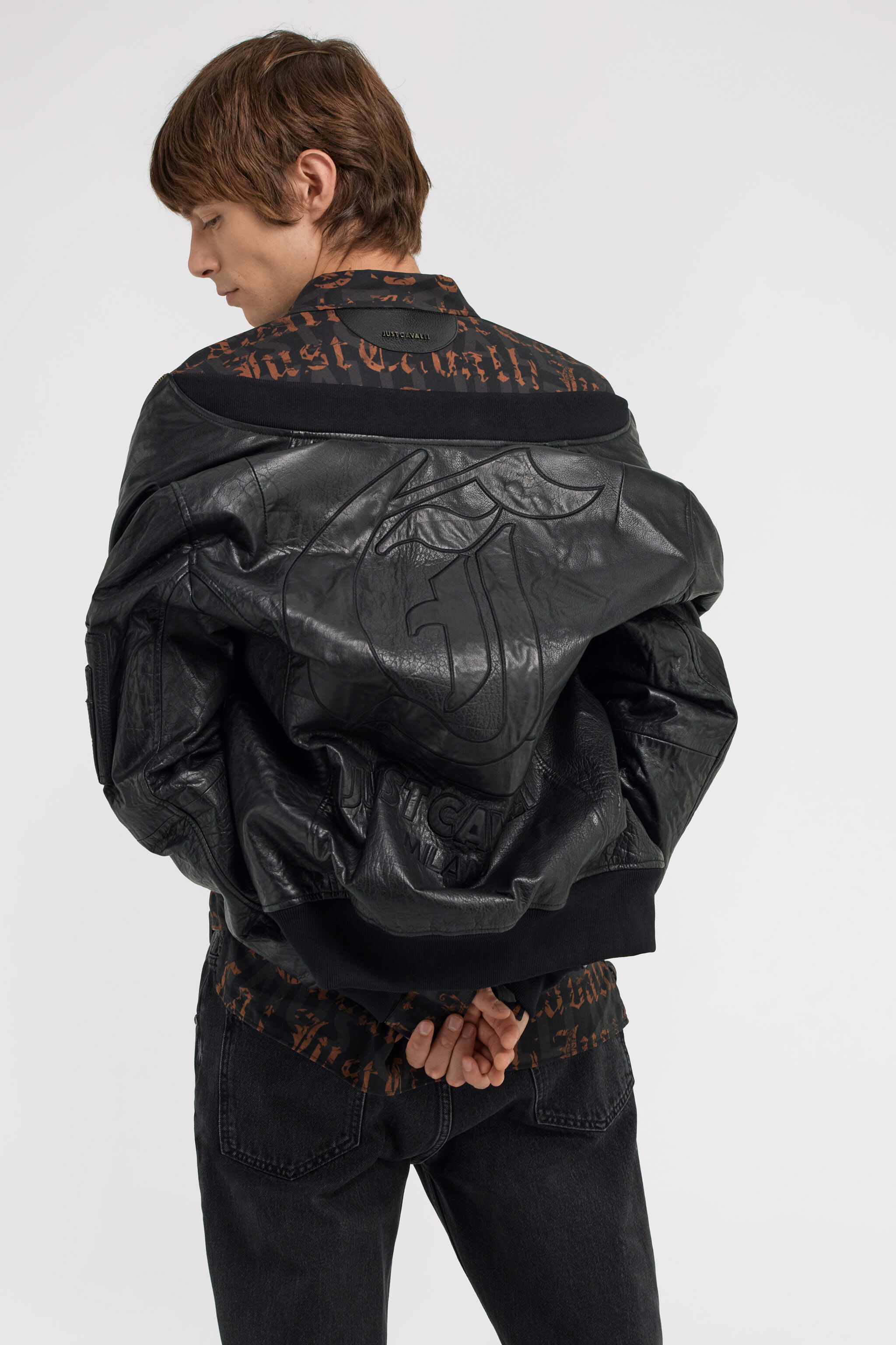 Just Cavalli leather bomber jacket in Black for Men | Roberto Cavalli®
