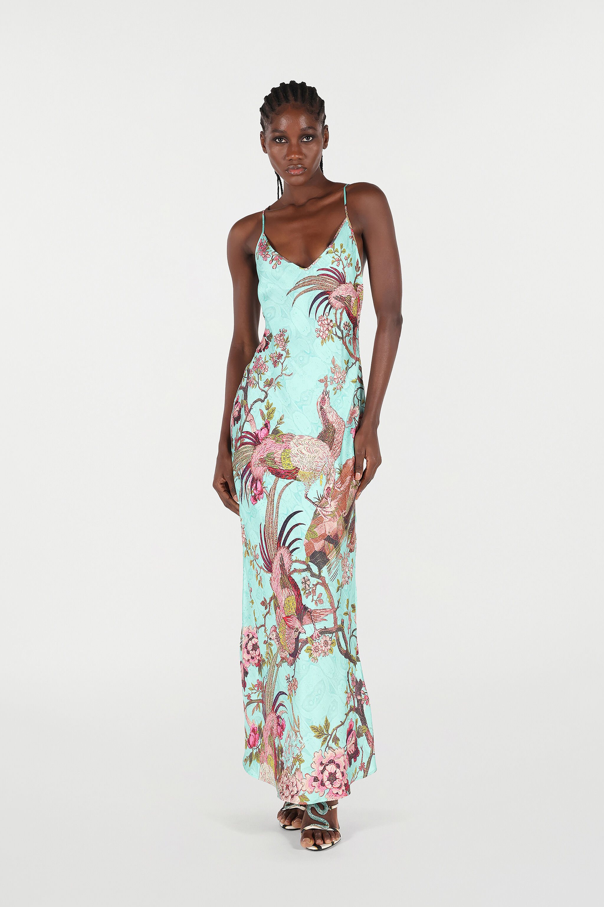 roberto cavalli フラワープリントストレッチドレス 38 Slip Dress With Oriental Bird Print in Blue/Pink for Women