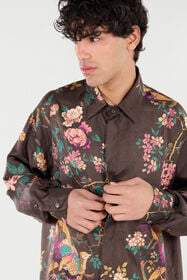 RC Camicia In Seta Stampa Oriental Bird Marrone VRT721-OZP76