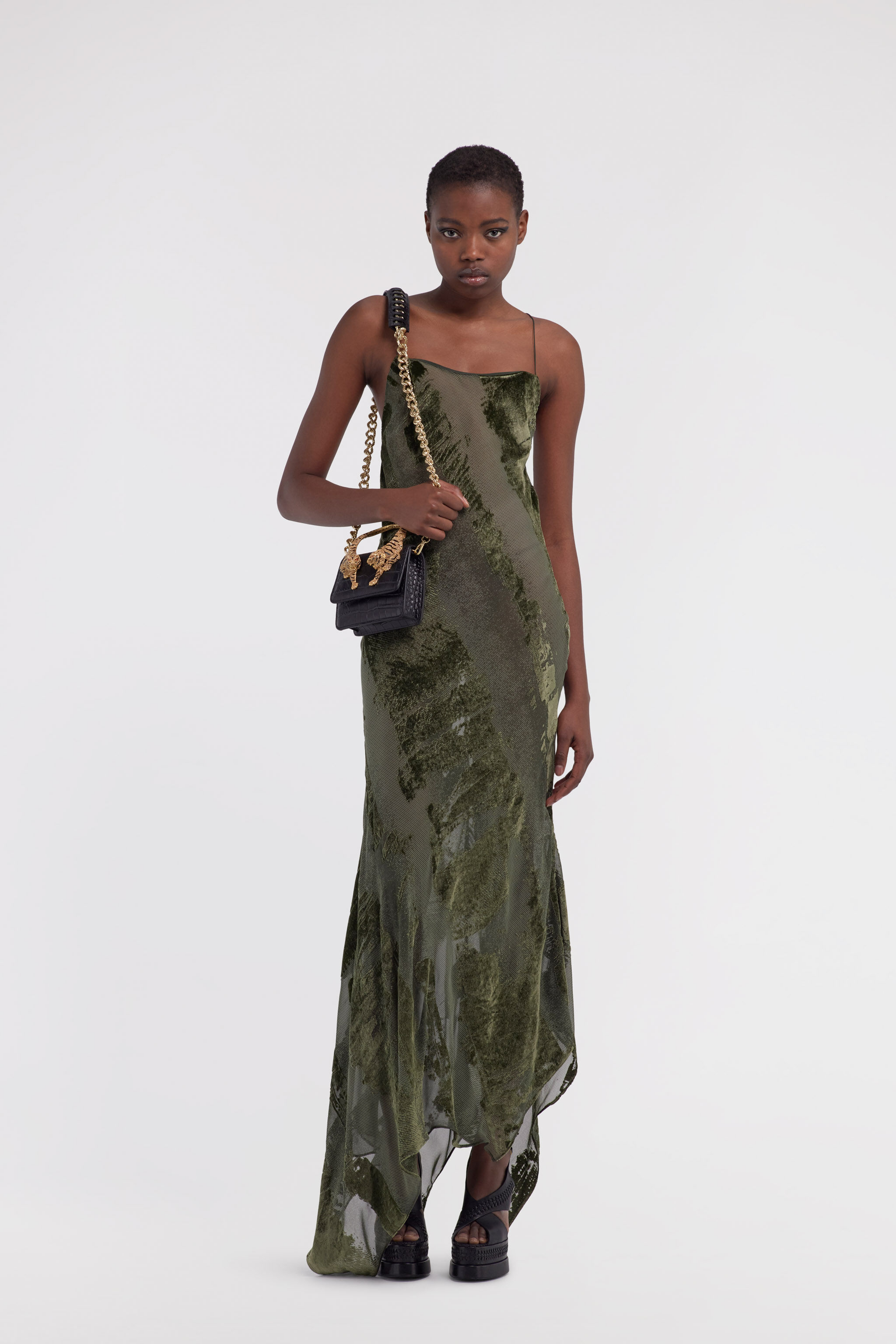 Long devore dress in Dark green for Women | Roberto Cavalli®