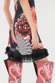 RC Vestido Mini De Seda Con Dragón Y Volantes Negro/Rojo VQT118-OZP75
