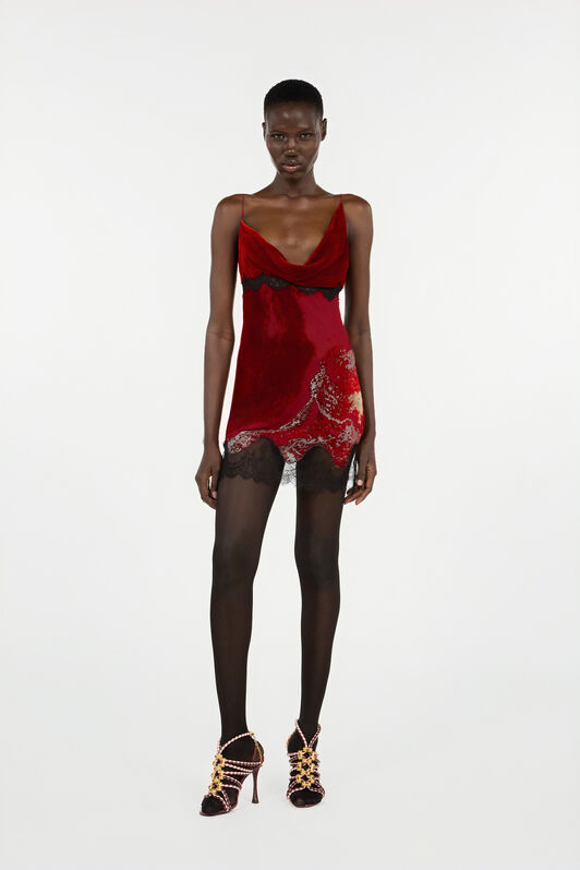 RC Dark Red Mini Dress in Silk Viscose Velvet Devorè Lava Effect Red VWT135-VL066