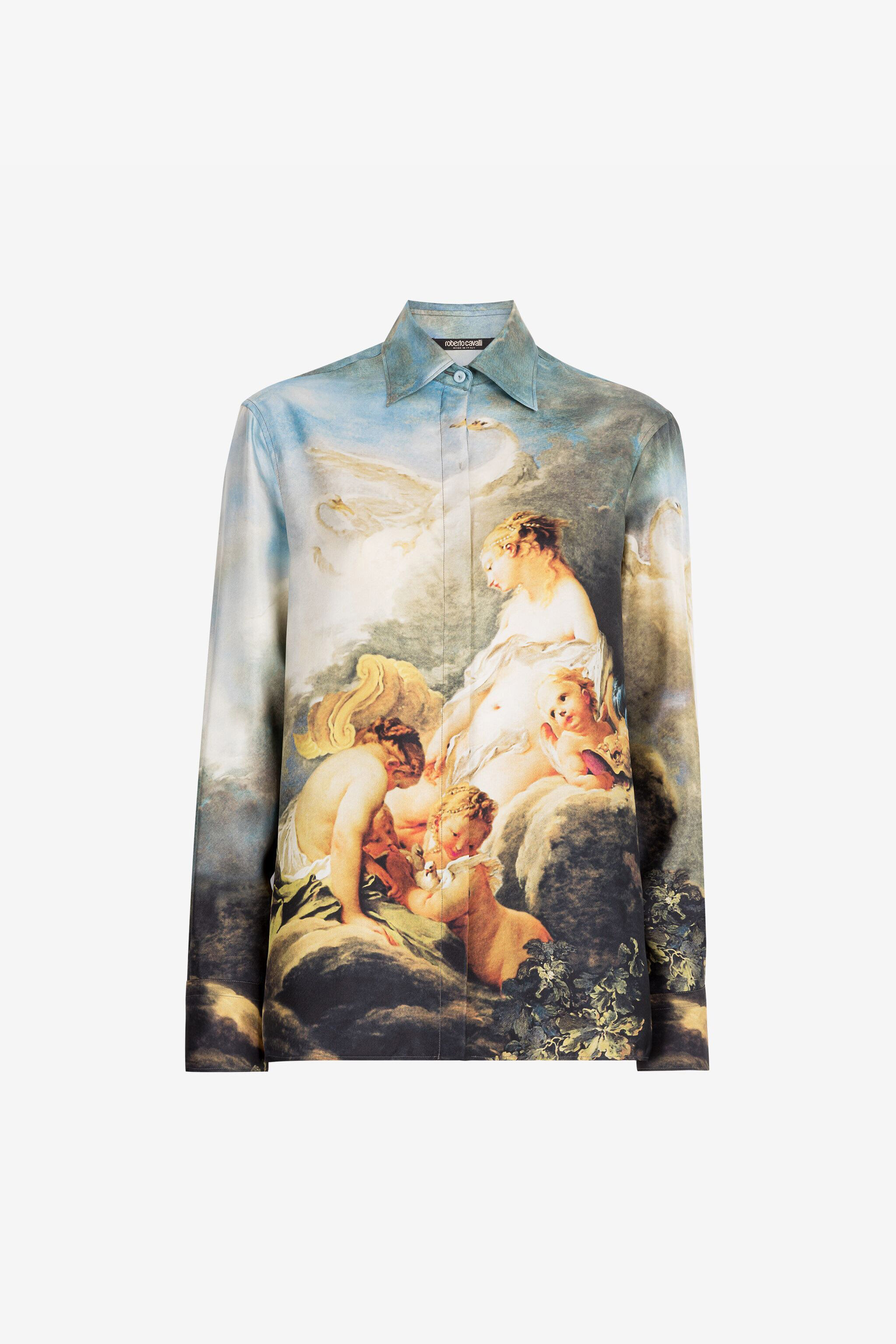 Painting-Print Silk Shirt in Light blue for Women | Roberto Cavalli®