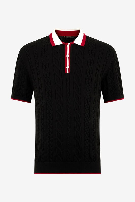 RC Black Cable Knit Polo With Contrast Trim RC Black Cable Knit Polo With Contrast Trim BLACK ROM90E-FEC31