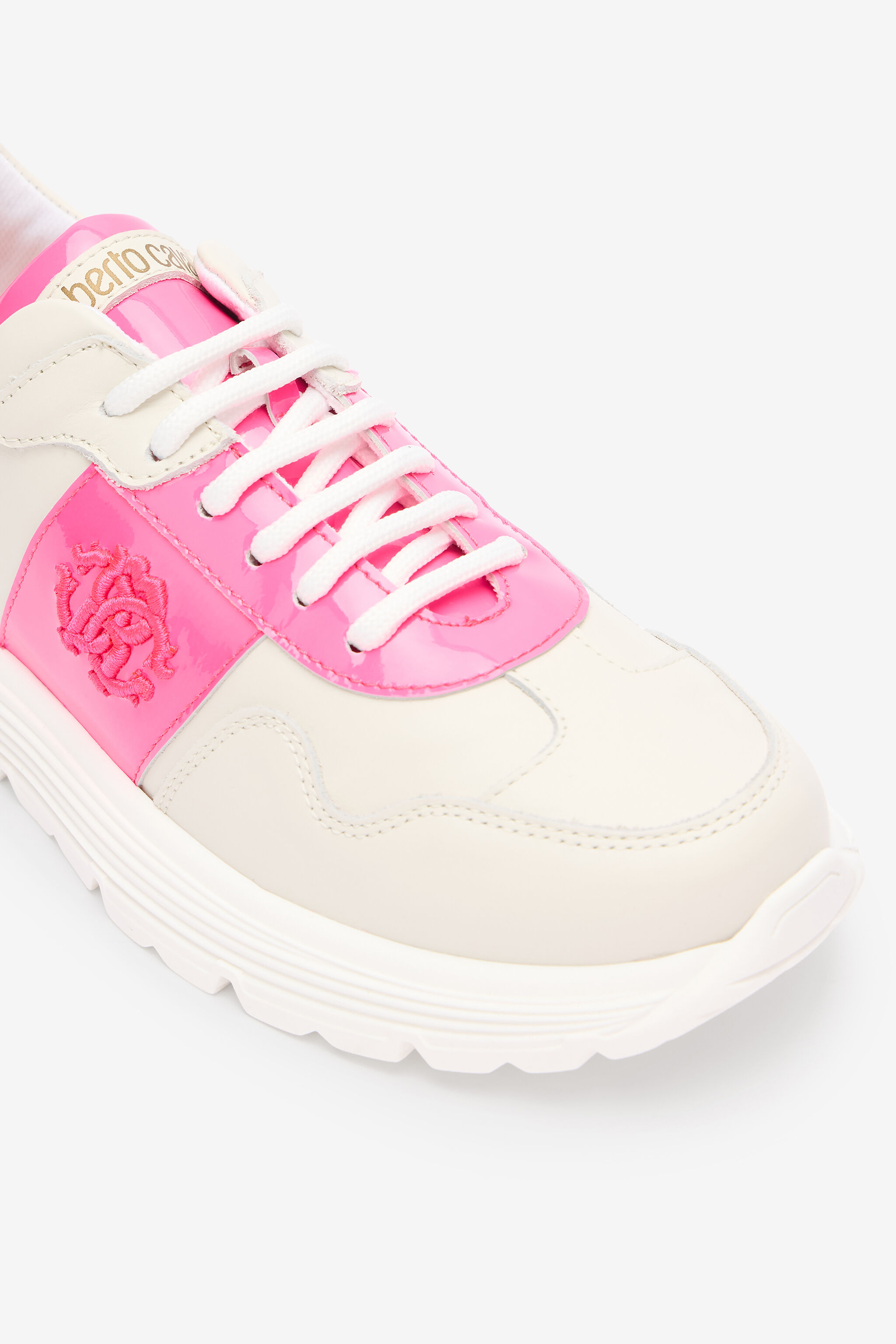 RC White And Pink Leather Running Shoes With Monogram RC RC White And Pink Leather Running Shoes With Monogram RC WHITE /FUXIA QOS01H-PZO14