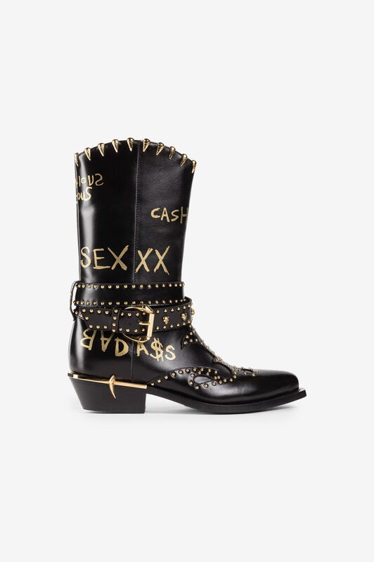 RC Studded Slogan-Print Western Boots Black PKS002-PZ085