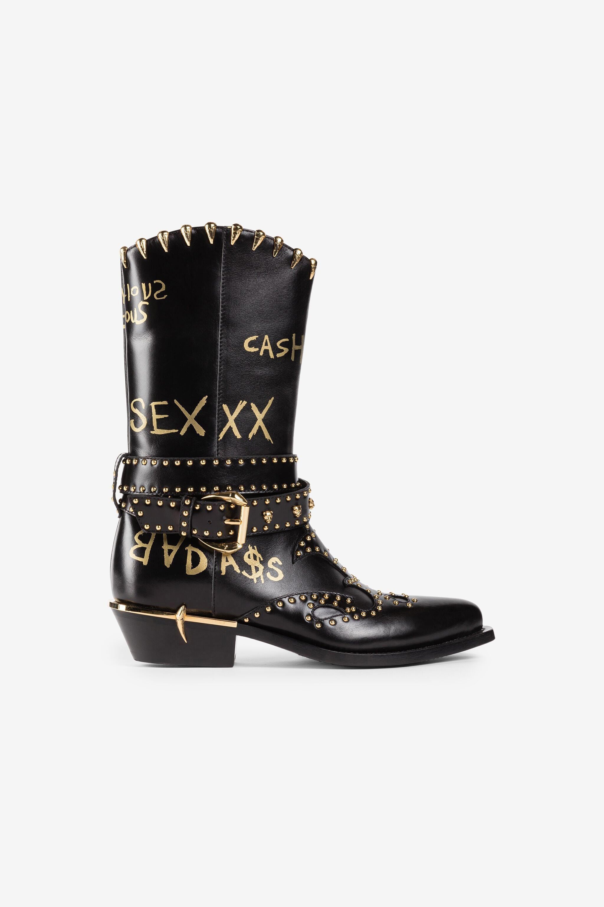 RC Studded Slogan-Print Western Boots Black PKS002-PZ085