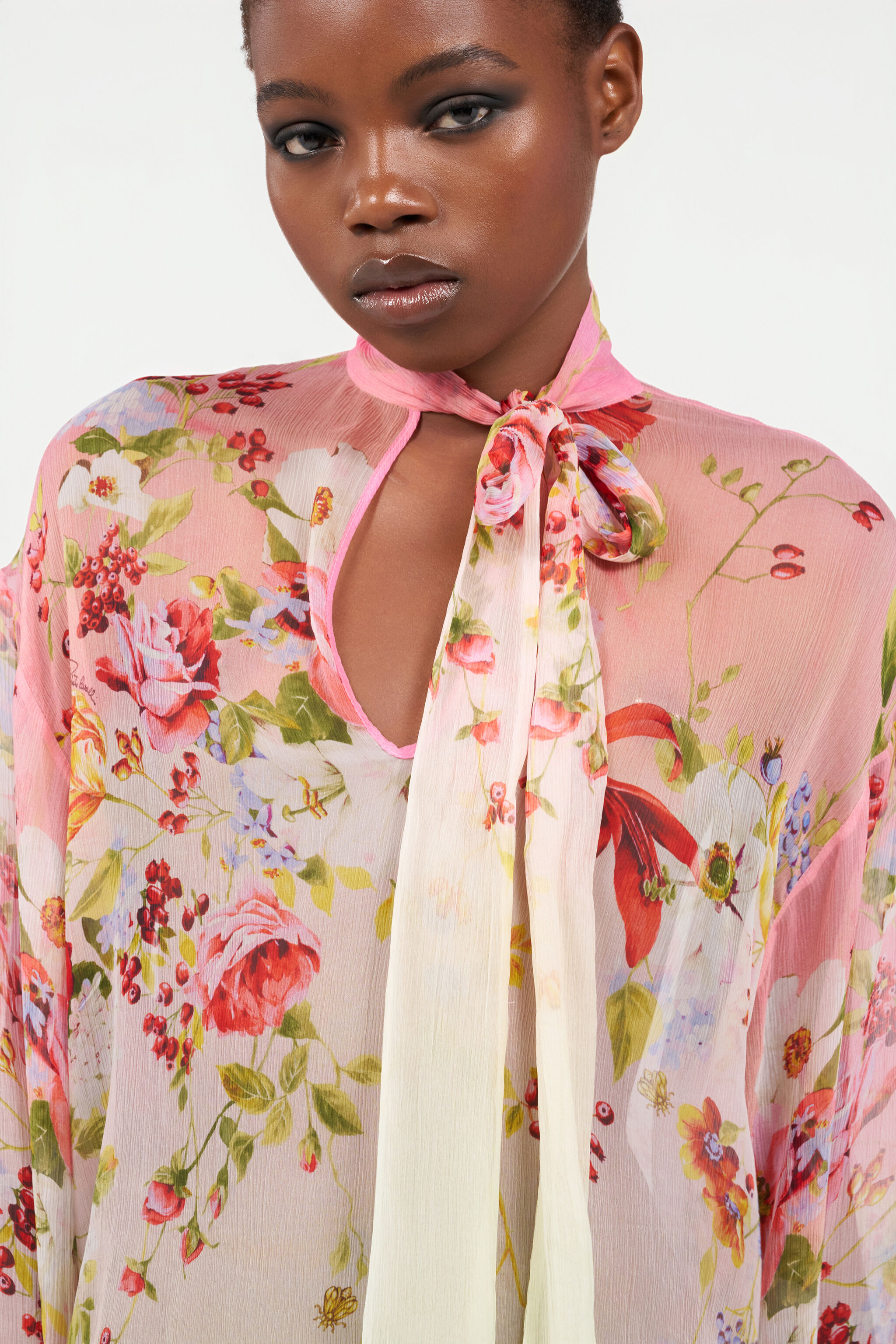 Chiffon Blouse with Miami Flowers Print in GREEN/FUCHSIA for Women