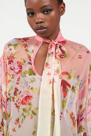 RC Chiffon Blouse with Miami Flowers Print GREEN/FUCHSIA WQT712-CKR32
