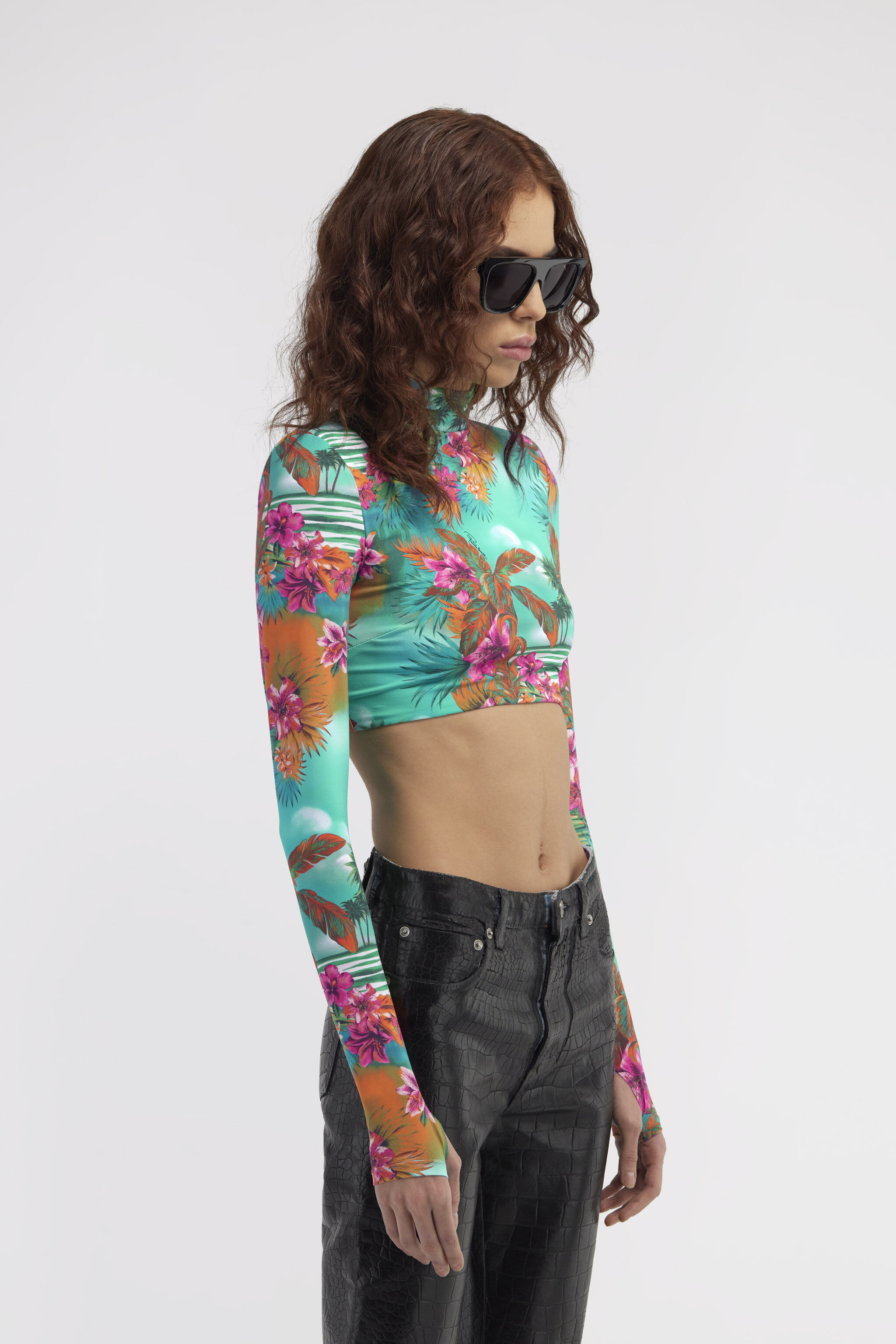 Hawaii Print Crop Top in Light blue for Women | Roberto Cavalli®