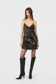 RC Mini Dress with Fur Print on Destroyed-Effect Lace BLACK/BEIGE XWT136-7HT79