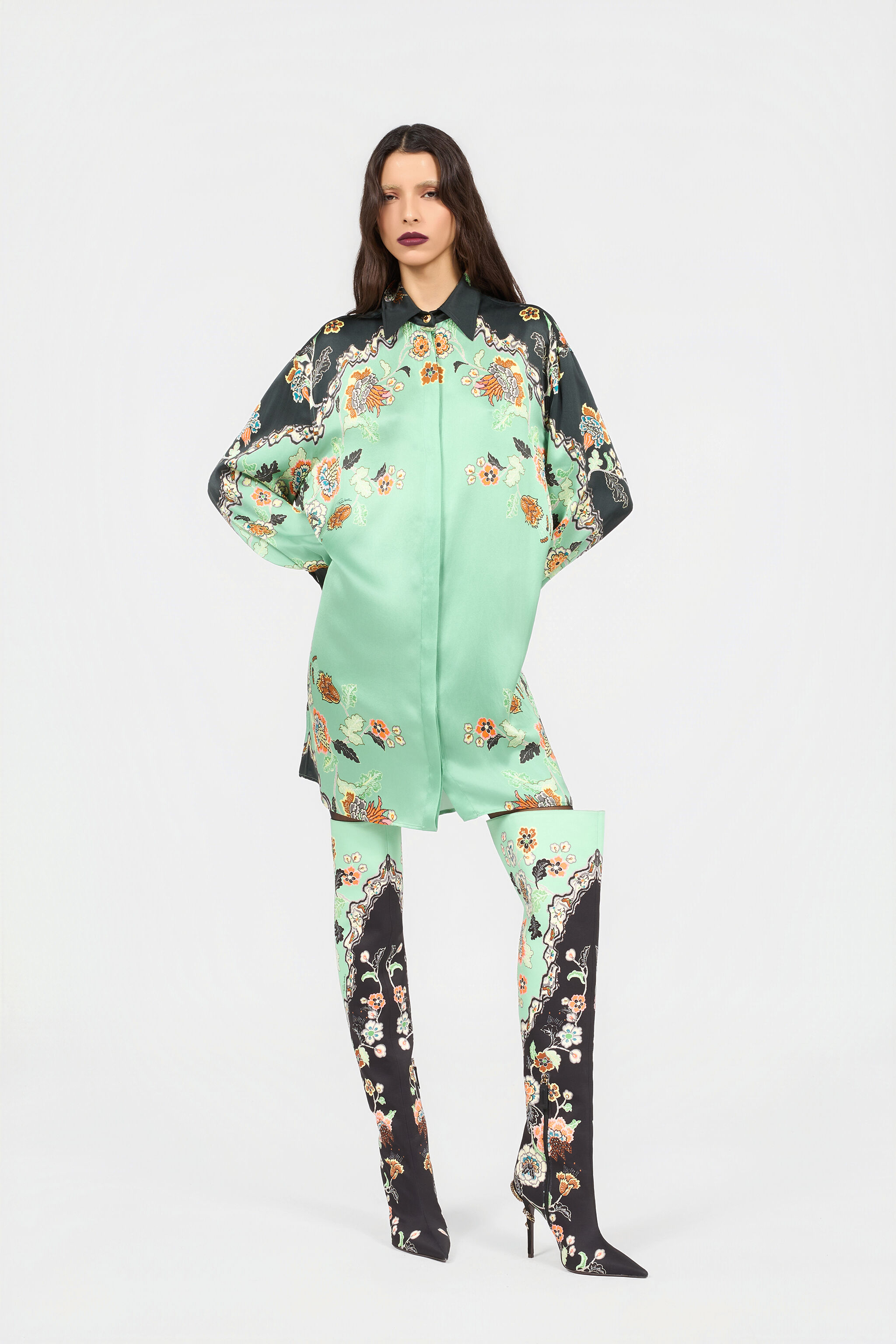 RC Kimono Print Silk Dress RC Kimono Print Silk Dress GREEN/BLACK XQT156-OZT25