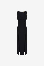 RC Vestido Midi Negro De Mezcla De Seda Con Doble Abertura Negro SKT110-HR001