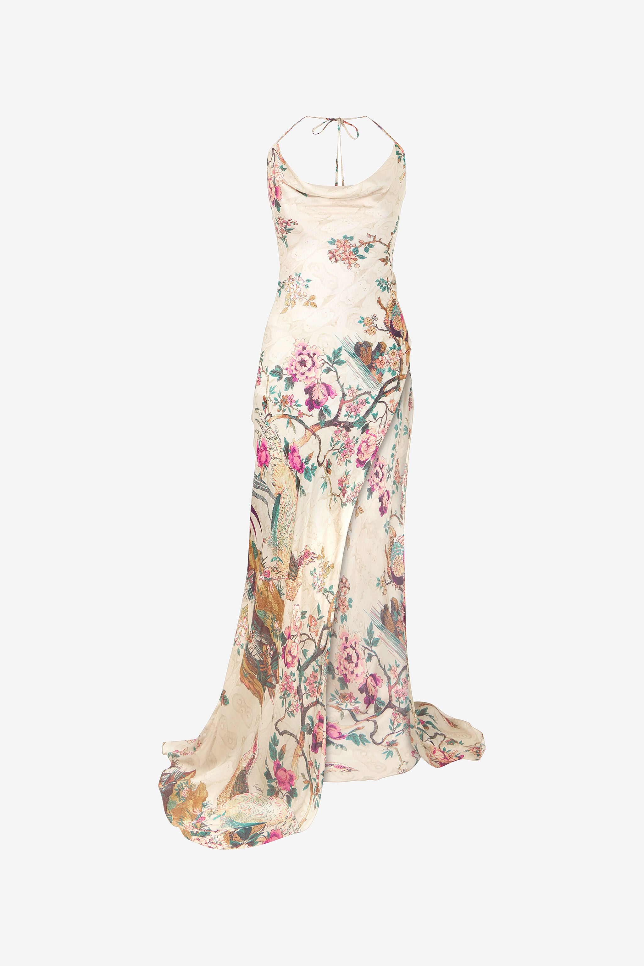 ロベルトカヴァリ　オリエンタル柄 ロングドレス Extra-Long Pure Silk Dress With Oriental Bird Print in Ivory/Pink