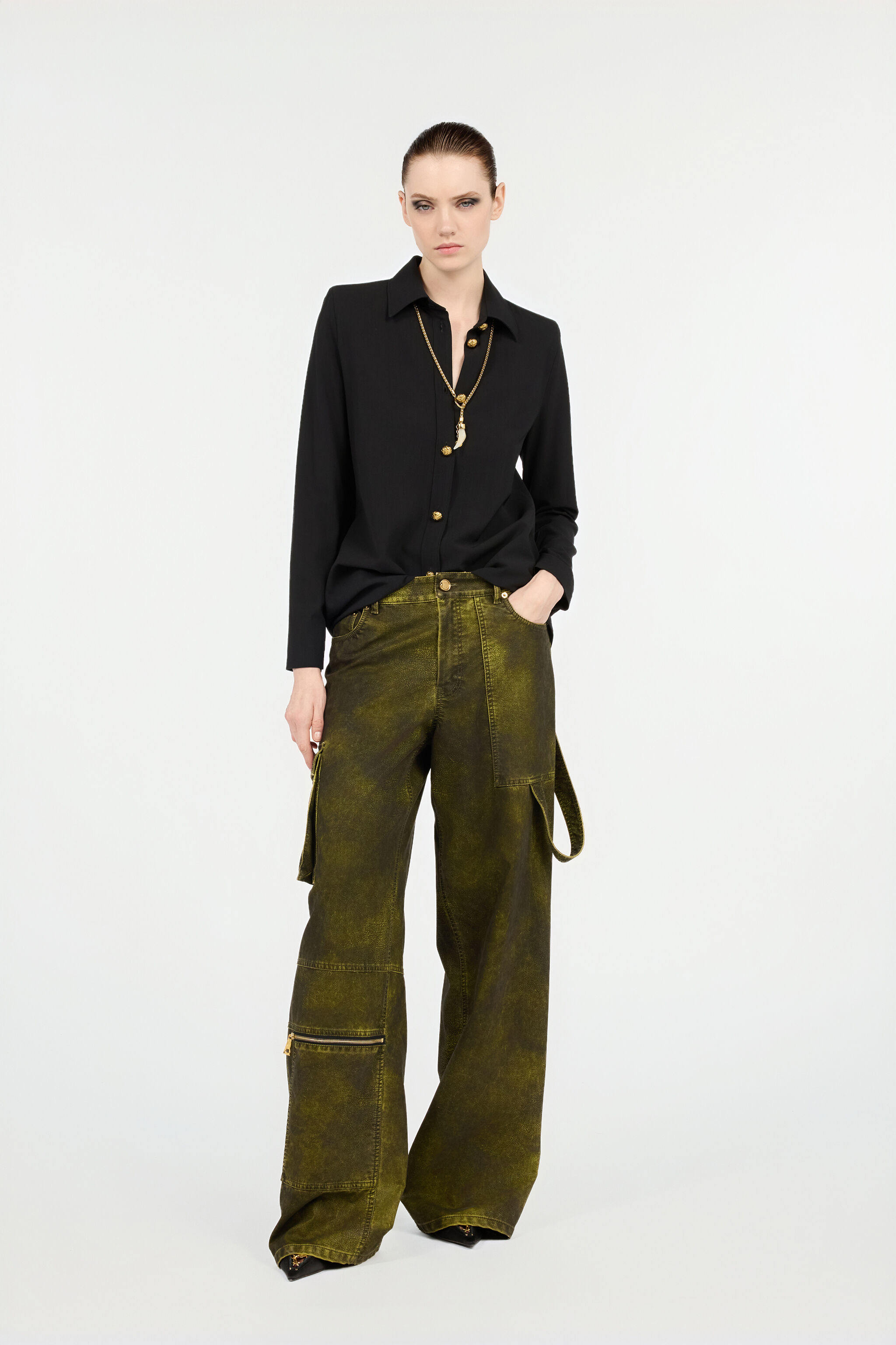 Long Black Wool-Blend Shirt in Black for Women | Roberto Cavalli®