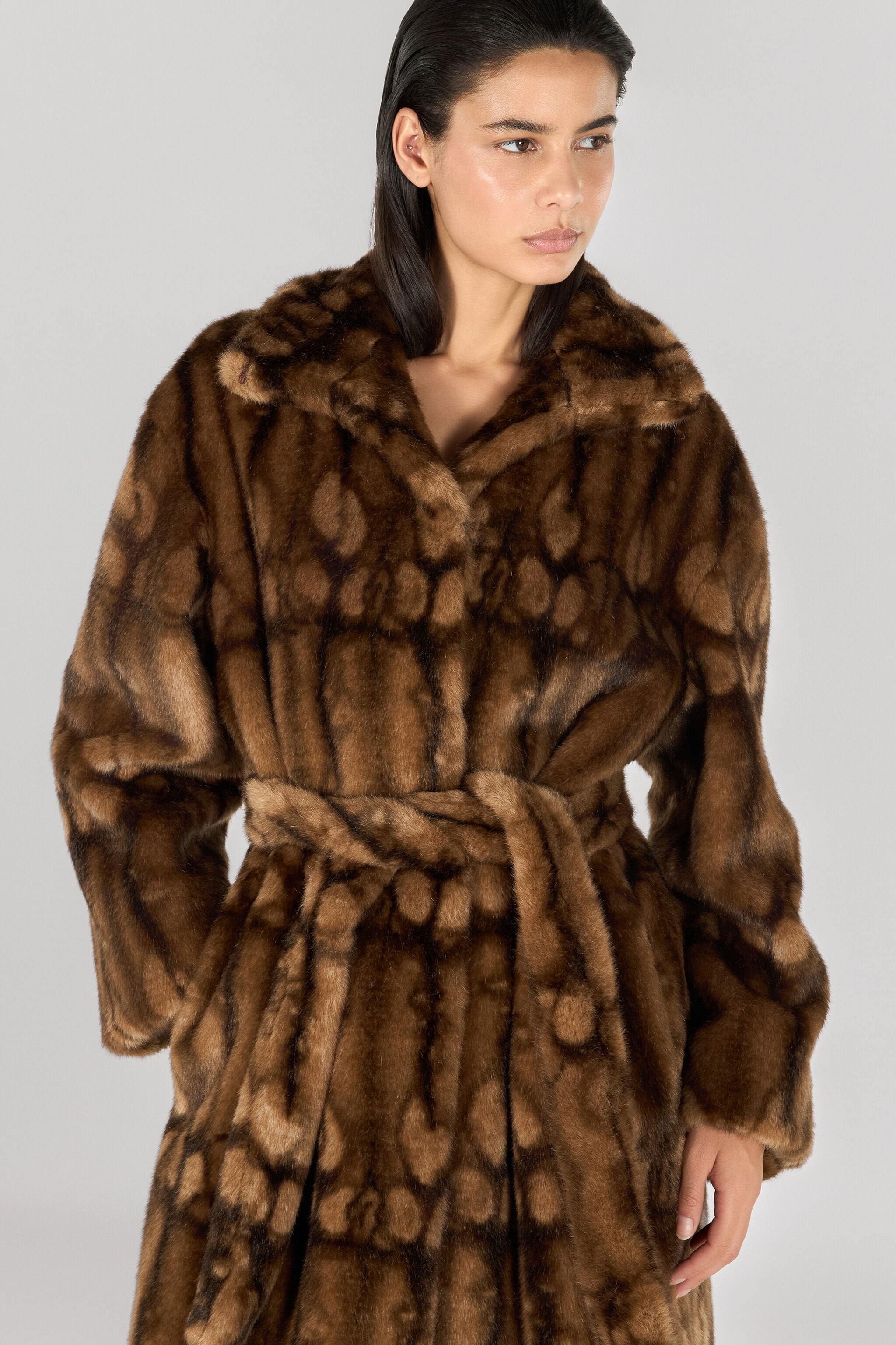 RC Long faux fur coat with high collar Brown TKT501-FY080