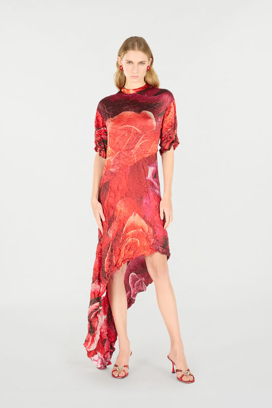 RC Crinkled Asymmetric Dress With Rose Print RC Crinkled Asymmetric Dress With Rose Print Red UKT111-RYN48