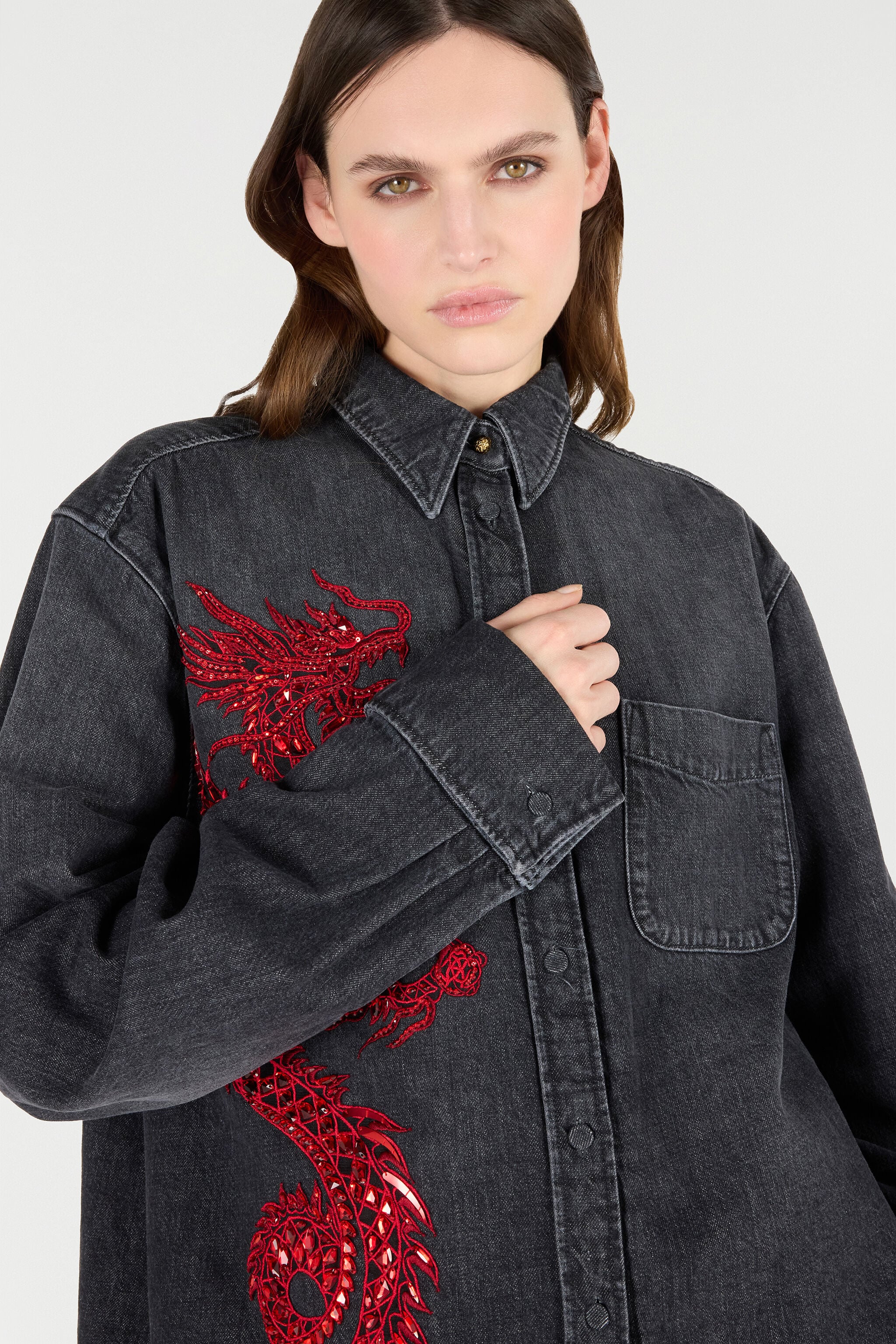 RC Camicia Con Ricamo E Paillettes Nero/Rosso VQJ161-DN001