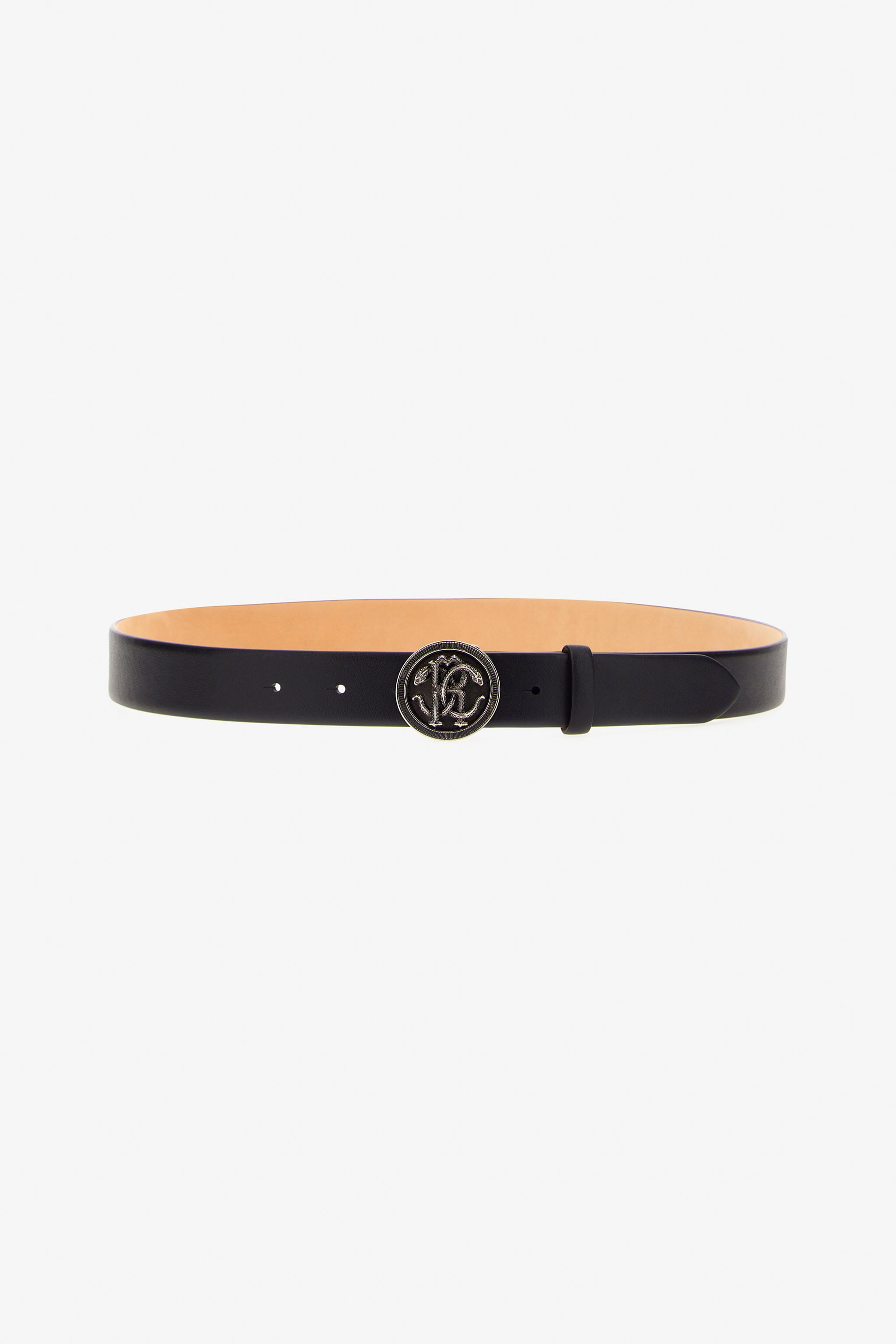 Leather Belt with Logo RC Buckle in Black for Men | Roberto Cavalli®