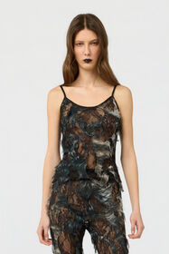 RC Top with Fur Print on Destroyed-Effect Lace BLACK/BEIGE XWT605-7HT79