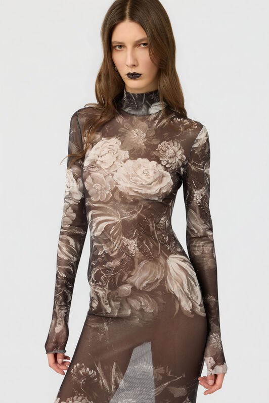 RC Laminated Tulle Dress With Fiammingo Flowers Print BLACK /DARK GREY LAM XWT134-TLT77