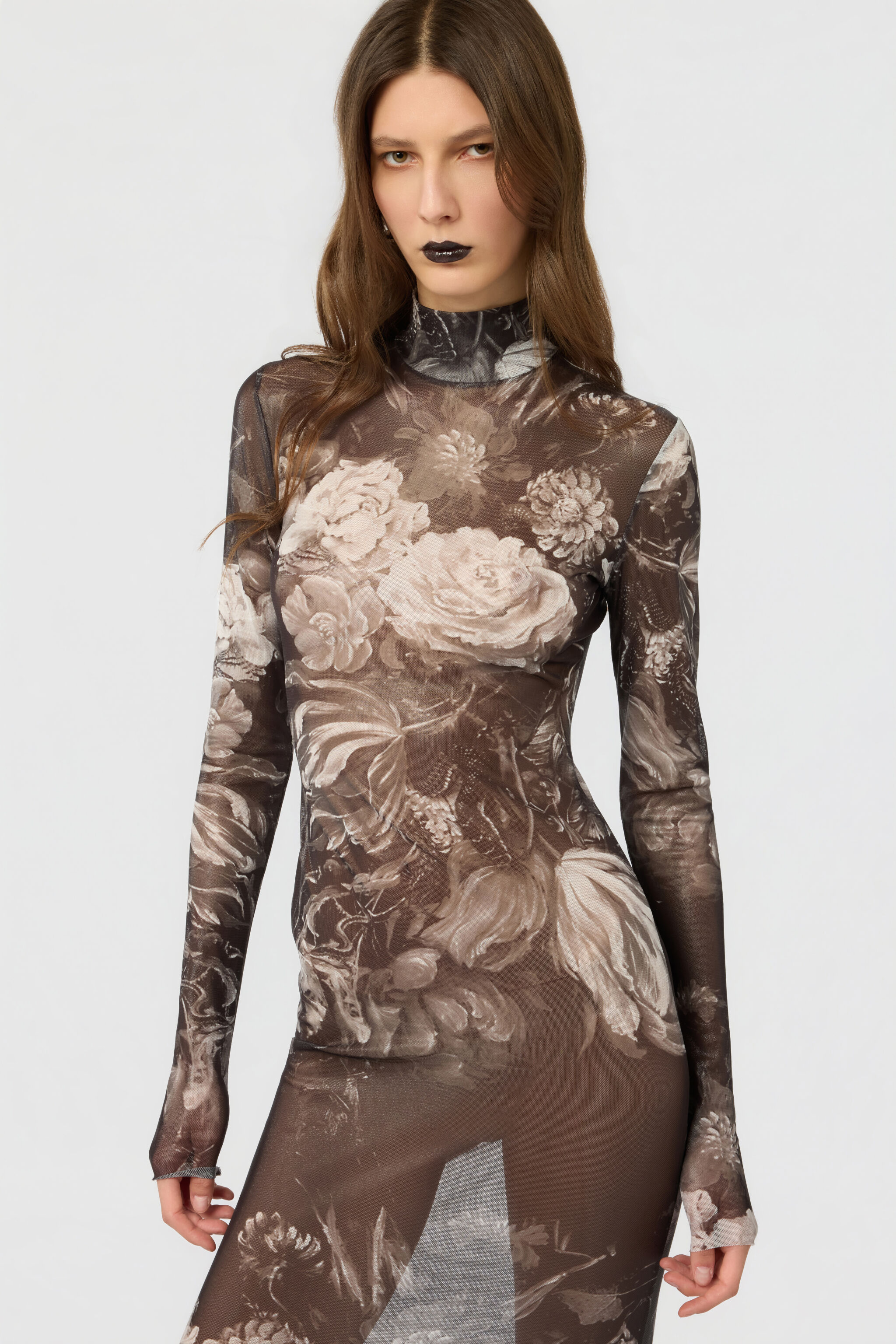 RC Laminated Tulle Dress With Fiammingo Flowers Print BLACK /DARK GREY LAM XWT134-TLT77