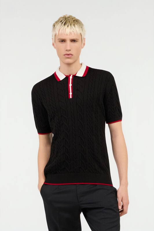RC Black Cable Knit Polo With Contrast Trim RC Black Cable Knit Polo With Contrast Trim BLACK ROM90E-FEC31