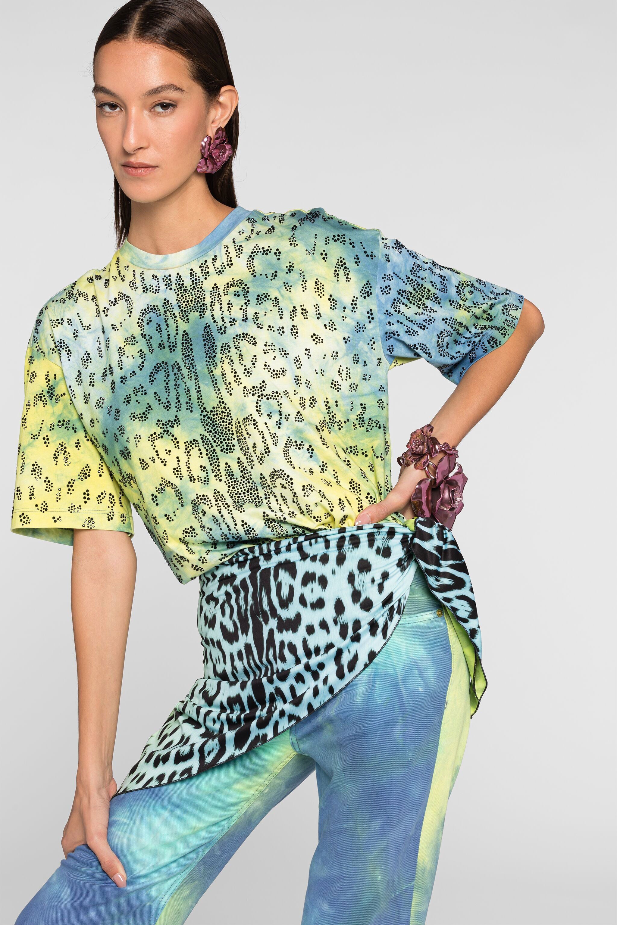 RC Rhinestone tie-dye print T-shirt RC Rhinestone tie-dye print T-shirt Light green/Light blue QKT61G-JD061