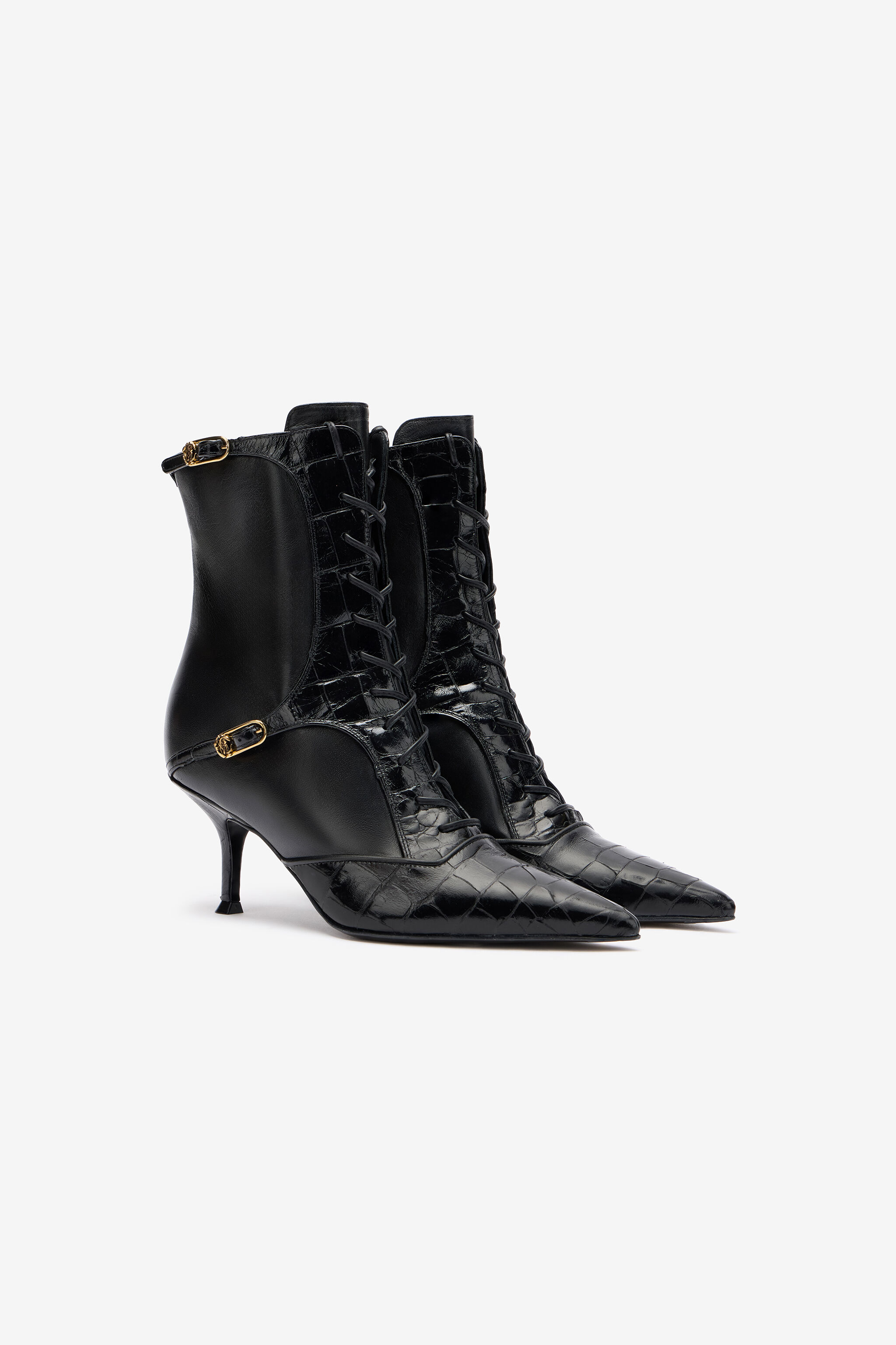 just cavalli アニマル宝石柄 レザー切り替え ロング ヒールブーツ Crocodile-Effect Lace-Up Ankle Boots in Black for Women | Roberto