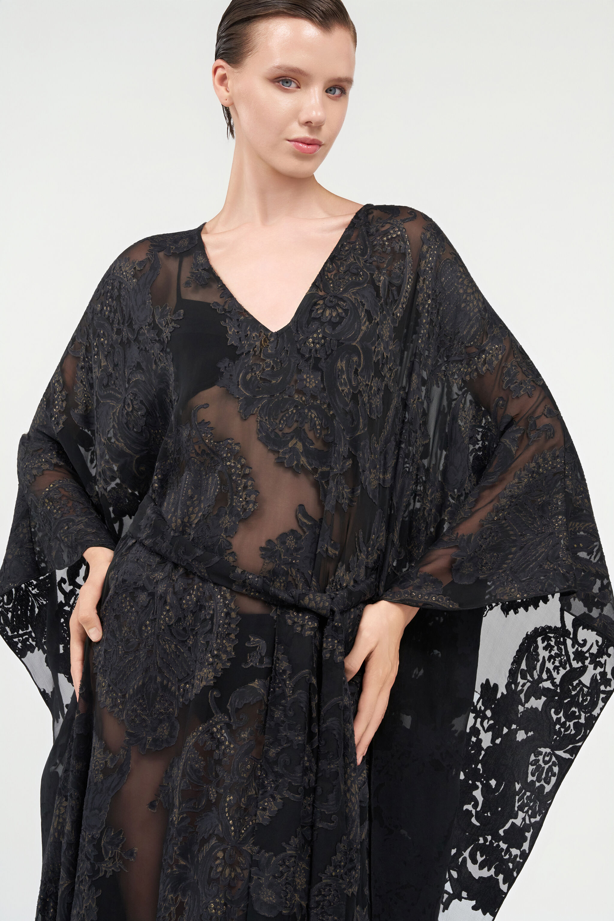 Sheer Silk Kaftan in Ornamental Black in BLACK for Women | Roberto