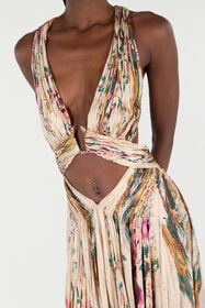 RC Extra-Long Silk Dress With Oriental Bird Print Ivory/Pink VKT158-CTP76