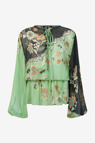 RC Vestido De Gasa De Seda Con Estampado Kimono GREEN/BLACK XQW037-HNT25