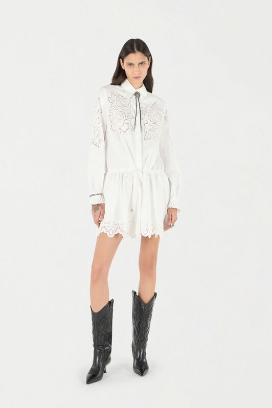 RC Mini Shirt Dress With Perforated Roses RC Mini Shirt Dress With Perforated Roses White UKR137-CH033