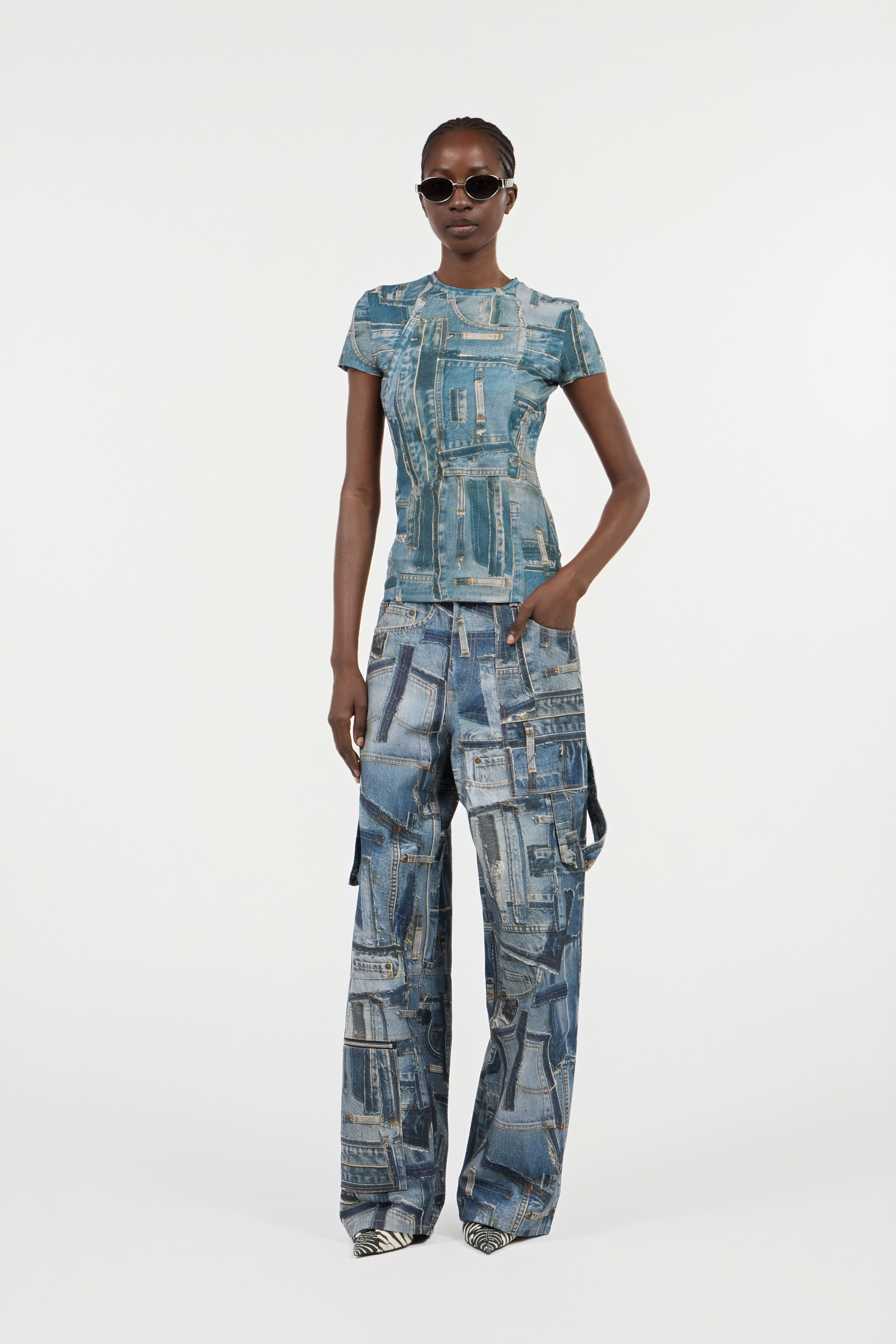 RC T-shirt Imprimé Denim Patchwork Bleu UWT606-SVR95
