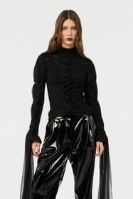 RC Cropped Braided Knit Top With High Neck BLACK XWM606-MQ015
