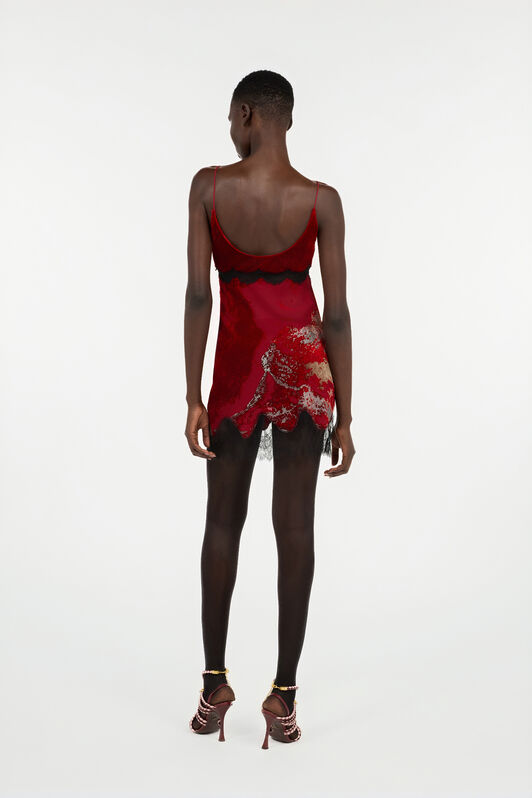 RC Dark Red Mini Dress in Silk Viscose Velvet Devorè Lava Effect Red VWT135-VL066