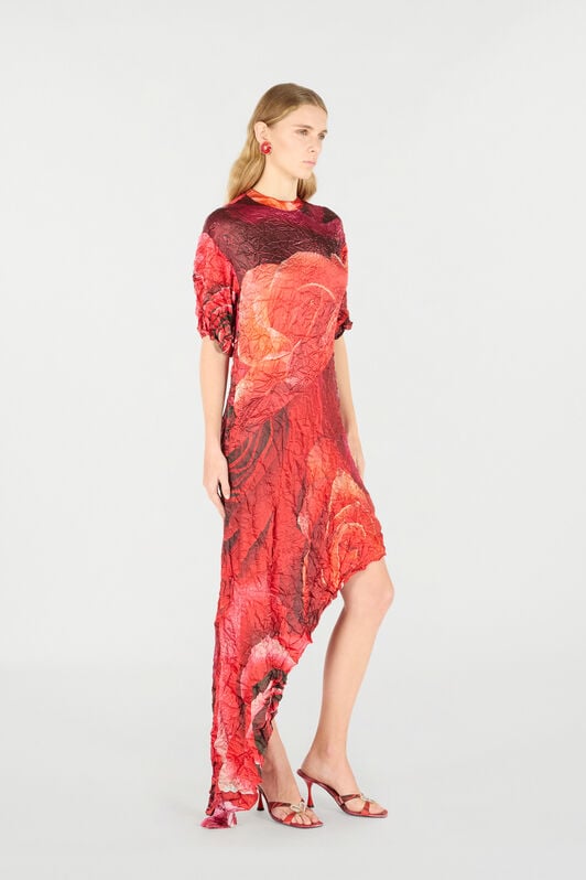 RC Crinkled Asymmetric Dress With Rose Print RC Crinkled Asymmetric Dress With Rose Print Red UKT111-RYN48