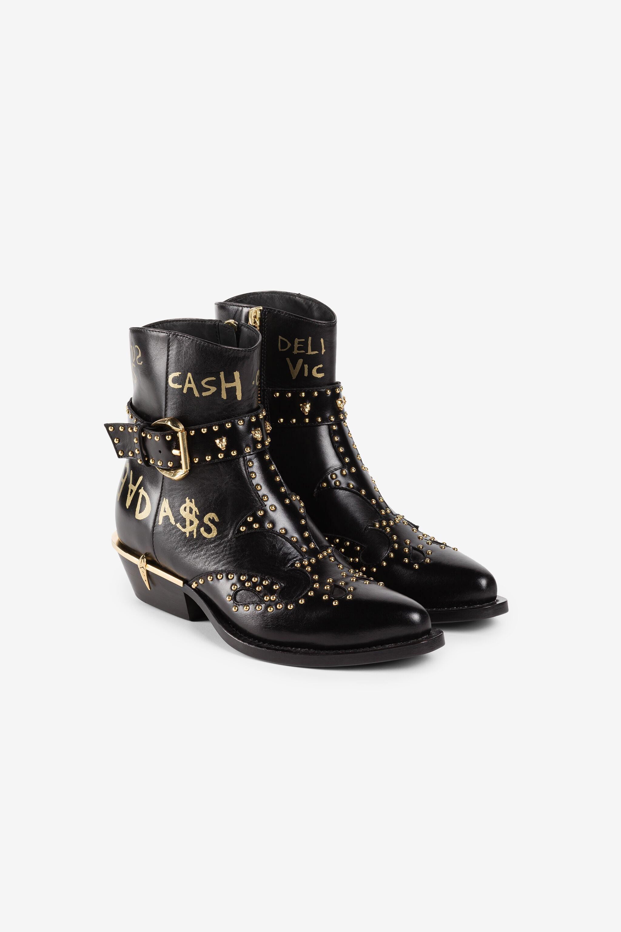RC Studded Slogan-Print Western Boots Black PKS002-PZ085