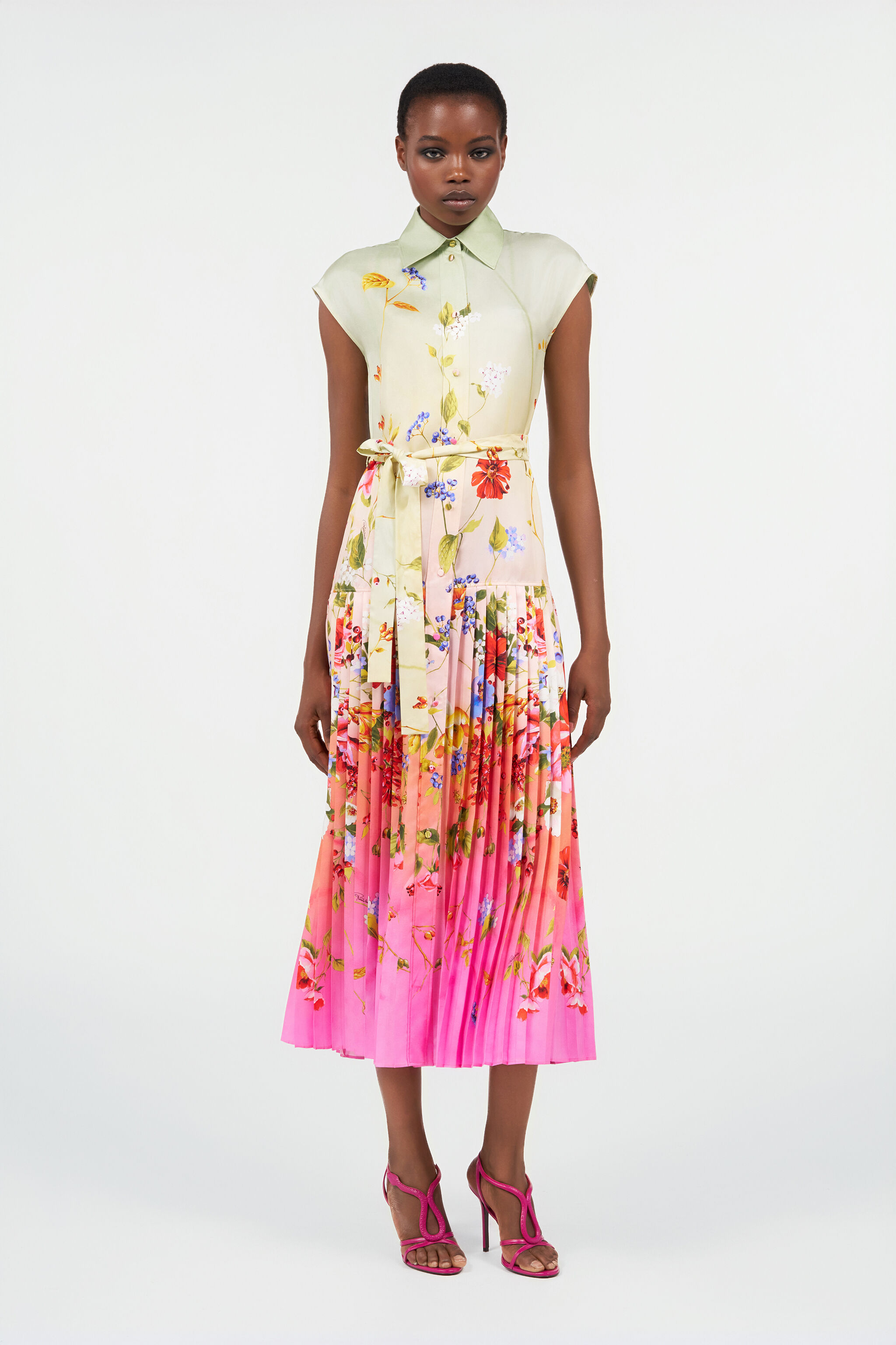 Long Silk Dress with Miami Flowers Print in GREEN/FUCHSIA for