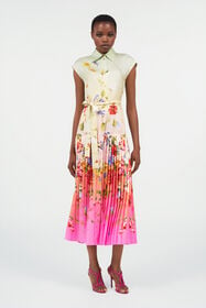 RC Vestido largo de seda con estampado Miami Flowers GREEN/FUCHSIA WQT103-OZR32