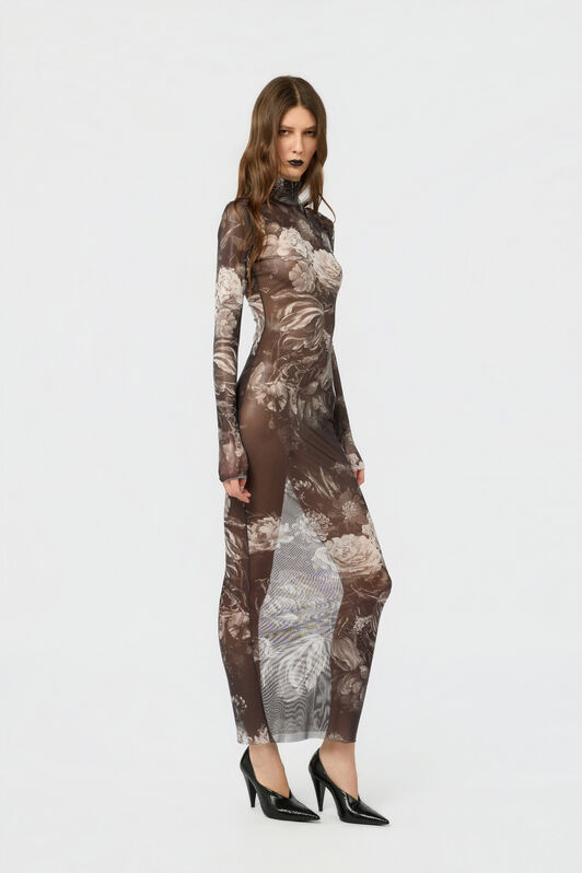 RC Laminated Tulle Dress With Fiammingo Flowers Print BLACK /DARK GREY LAM XWT134-TLT77