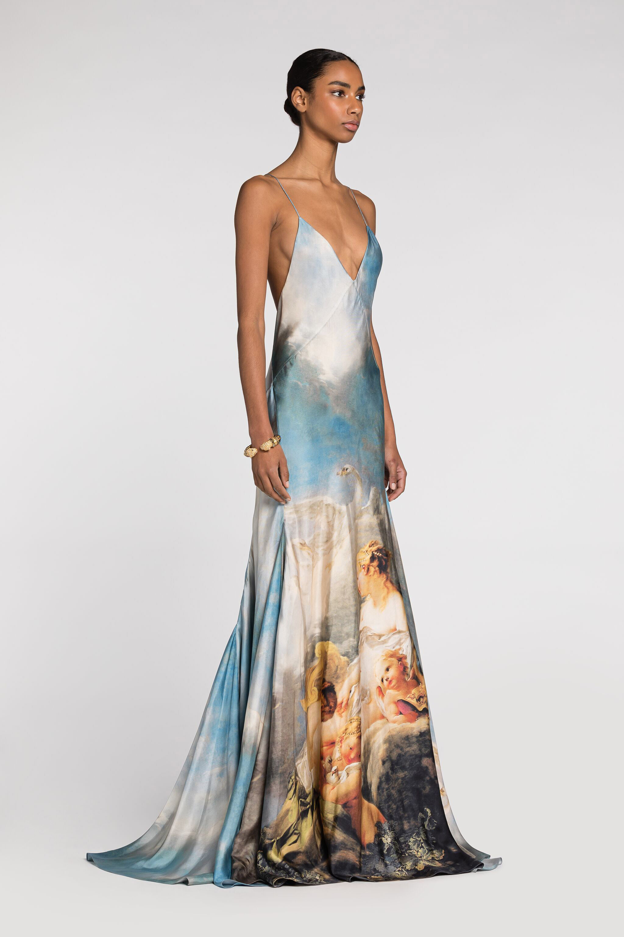 Roberto Cavalli 伊製シルク100%スリップドレスXS Painting-Print Silk Maxi Dress in Light blue for Women | Roberto